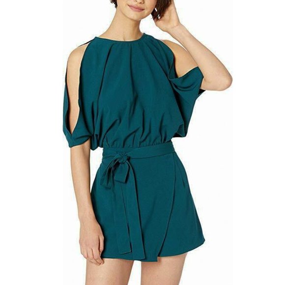 BISHOP + YOUNG Off Duty Teal Cold Shoulder Open Back Crepe Belted Romper - Picture 2 of 3